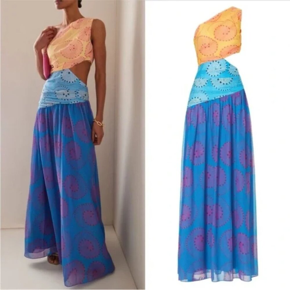 STAUD Ashlyn Colorful One Shoulder Chiffon Maxi Dress